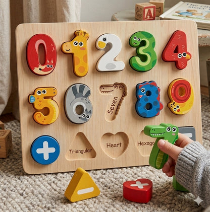 Wooden Montessori Math Puzzle Board | Number & Shape Sorting Toy for Toddlers