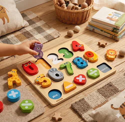 Wooden Montessori Math Puzzle Board | Number & Shape Sorting Toy for Toddlers