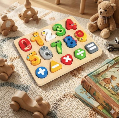 Wooden Montessori Math Puzzle Board | Number & Shape Sorting Toy for Toddlers