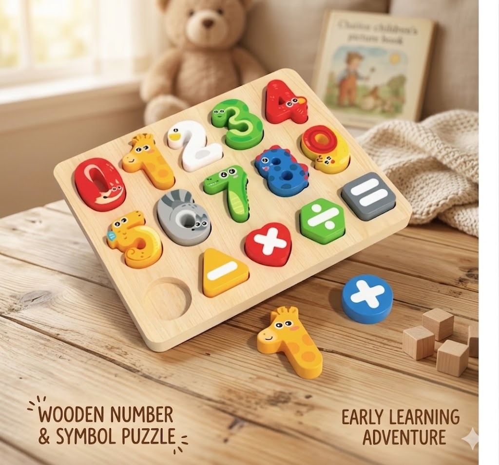 Wooden Montessori Math Puzzle Board | Number & Shape Sorting Toy for Toddlers
